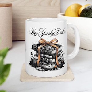 Spooky Book Lover Ceramic Mug, Halloween Gift for Readers, 11oz Coffee Cup, Holiday Office Decor, Gothic Tea Mug, Pumpkin Spice Latte Mug