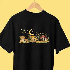 Mushroom and Moon T-Shirt Mushroom Themed Nature- Inspired Gifts Mushroom Picker T Shirt Fungi T -Shirts Mushroom Motifs