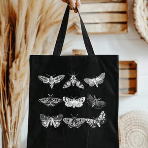 Moth Print Tote Bag: Cottagecore Goblincore Reusable Canvas Shopper