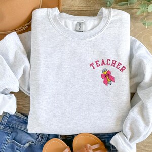 Embroidered Back to School Teacher Sweatshirt , Teacher Coquette Pencil Bow Shirt First Day of School Teacher Gift Apparel, New Teacher Gift