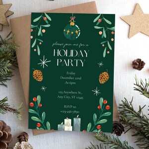 Green Christmas Invite, Canva Editable Holiday Invites