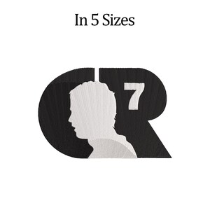May include: Black and white embroidered design featuring a silhouette of a person's profile within a black oval, with the number 7 and the letters CR. The text "In 5 Sizes" is above the design.
