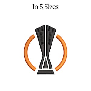 May include: Black and orange embroidered design of a trophy with the text "In 5 Sizes".