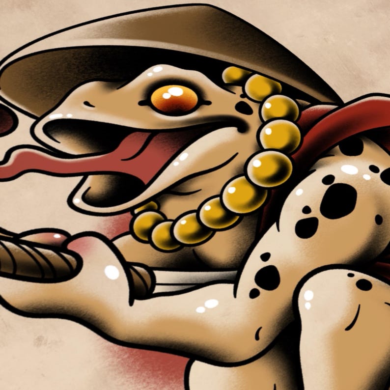 Puede incluir: Ilustraci&oacute;n estilo tatuaje de una rana con sombrero c&oacute;nico y collar de cuentas. La rana tiene una larga lengua roja y una capa roja. La piel de la rana es de color canela con manchas negras.