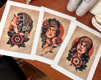Traditional Tattoo Gypsy Print Set of 3, Vintage Tattoo Flash Wall Art, Old School Pin Up Posters, Boho Woman Decor, Tattoo Studio Gift