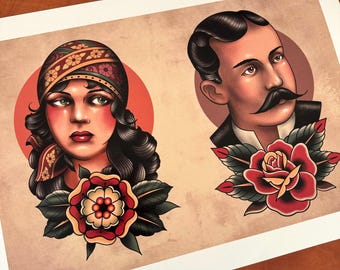 Gentleman and Gypsy Tattoo Art Print, Old School Tattoo Design