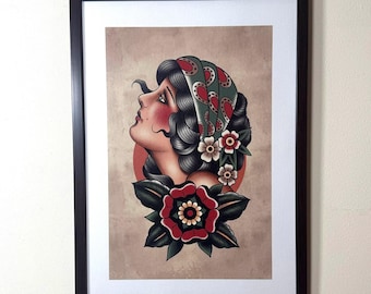 Impresión de tatuaje tradicional de gitana: retrato femenino de la vieja escuela, ilustración de rosa tradicional, arte mural con tatuajes vintage