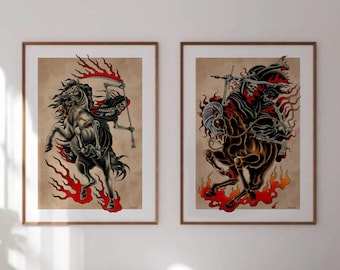 2 Horsemen of the Apocalypse Print Set – Death and War Tattoo Art – Traditional Tattoo Style Prints – Old School Wall Art –  Skeleton Riders