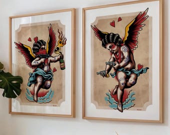 Set of 2 Traditional Tattoo Style Cherub Art Prints • Vintage Chicano Angel Wall Art • Old School Tattoo Decor • Edgy Retro Illustration Set