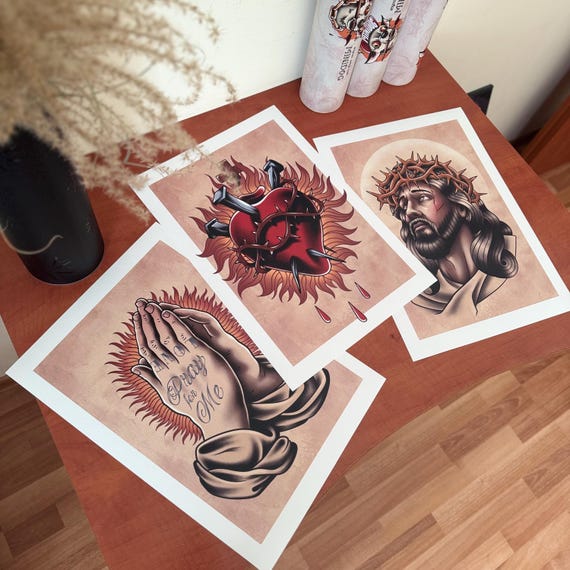 Traditional Tattoo Art Print Set: Jesus, Sacred Heart, Praying