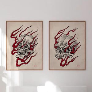 Juego de 2 impresiones de tatuajes de calaveras en llamas: arte mural de calaveras góticas, dúo de pósteres de arte oscuro, tatuajes de la vieja escuela, decoración de terror vintage