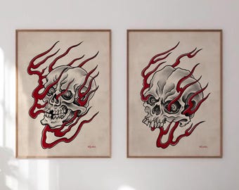Set of 2 Flaming Skull Tattoo Style Prints – Gothic Skull Wall Art, Dark Art Poster Duo, Old School Tattoo Flash, Vintage Horror Decor