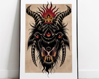 Tatuaje tradicional de cabra demonio Baphomet – Impresión artística de tatuaje de cabra demonio de tres ojos – Póster de diablo tradicional oscuro