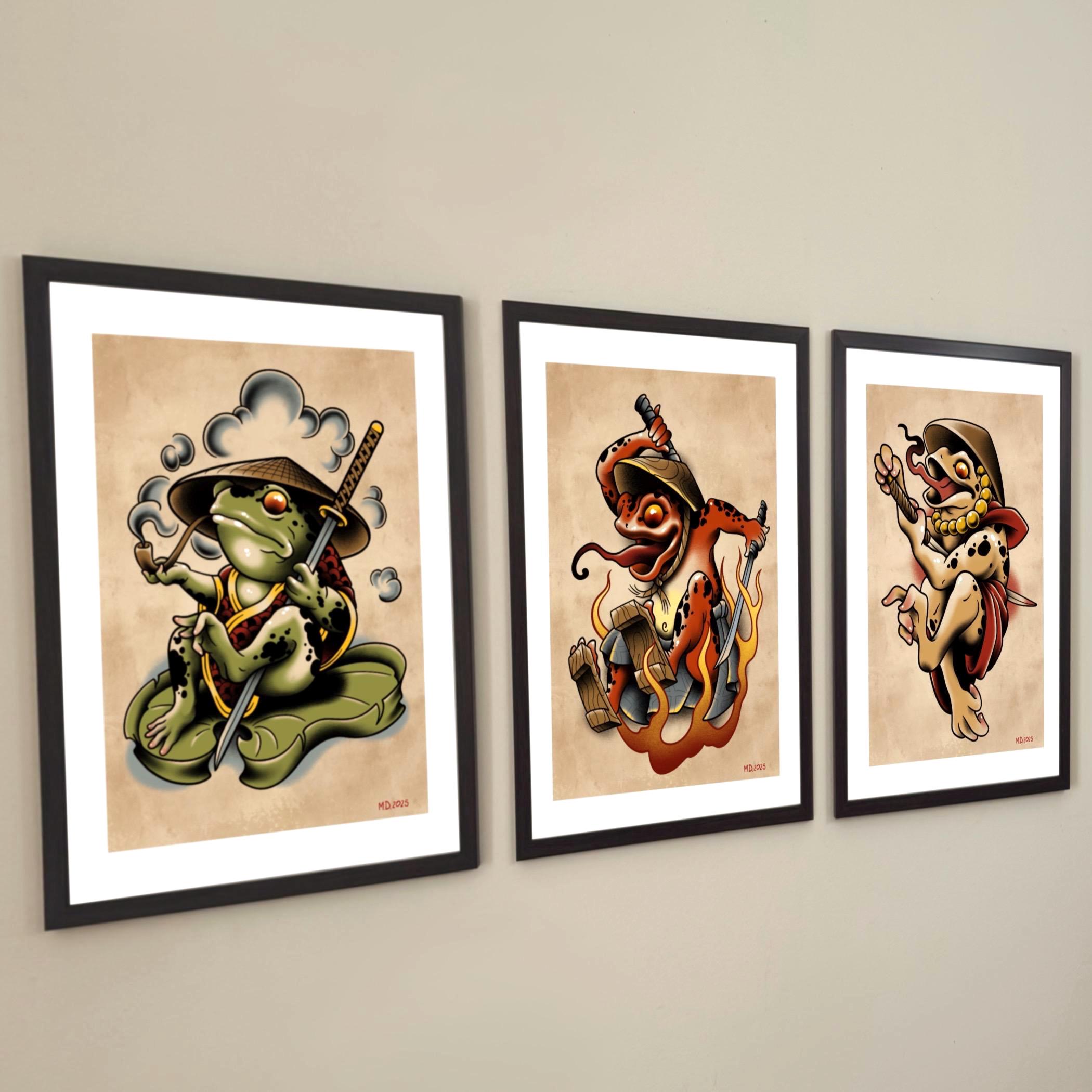 Traditional Tattoo Print Set, Samurai Frog, Toad Warrior Wall Art