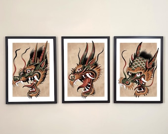 Dragon set, tattoo print, traditional art, Asian Tattoo Style Wall Art, Dragon head, traditional Japanese