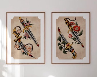 Set of blades traditional print, Swords Art, Old School Dagger Flash, Floral Posters, Classic Knives Tattoo Art, Vintage Ink Wall Decor