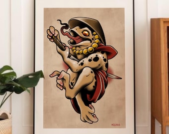 Impresión artística de tatuaje de rana samurái haraquiri – Guerrero japonés