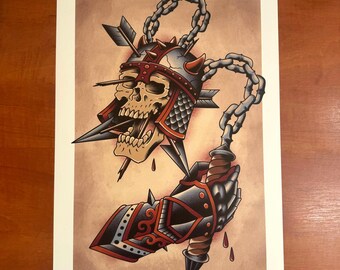 Skull Mace Tattoo Flash Print - Traditional Helmet Art