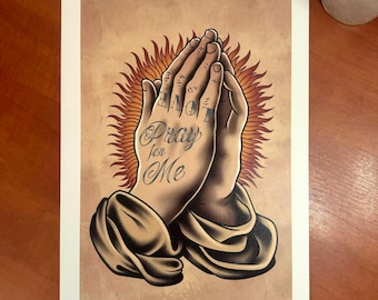 Praying Hands Tattoo Flash Art Print – Religious Old School Poster