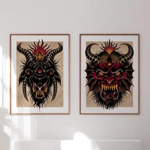 Set de arte mural de Demonios Oscuros: Criaturas góticas con cuernos, impresiones de tatuajes ocultistas, set de 2, decoración gótica para el hogar, arte de tatuajes