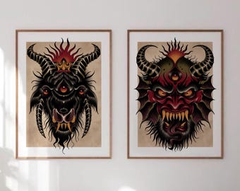 Dark Demon Wall Art Set – Gothic Horned Creatures, Occult Tattoo Style Prints, Set of 2, Gothic Home Decor, Tattoo Flash Art