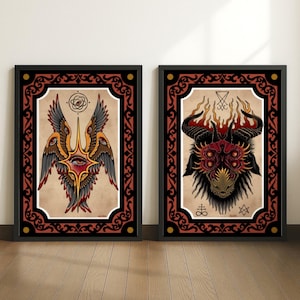 Láminas artísticas de ángeles y demonios: pósteres de tatuajes de Dios y Diablo, arte mural tradicional, decoración espiritual oscura