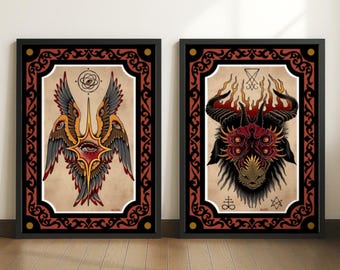 Angel and Demon Art Print Set — God and Devil Tattoo Style Posters, Traditional Wall Art, Dark Spiritual Decor