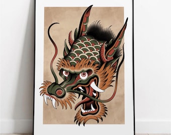 Traditional Japanese Dragon – Bold Line Tattoo Flash Poster – Old School Mythical Creature Ink Artwork Wall Decoration