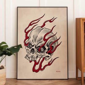 Stampa artistica in stile tatuaggio teschio fiammeggiante - Decorazione horror vintage, arte murale gotica, disegno di teschio old school, poster di arte dark, stile tattoo flash