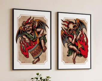 Traditional Tattoo Devil Musician Print Set, Imp Wall Art, Gothic Tattoo Flash Decor, Drum & Trumpet Devil Prints, Old School Tattoo Art