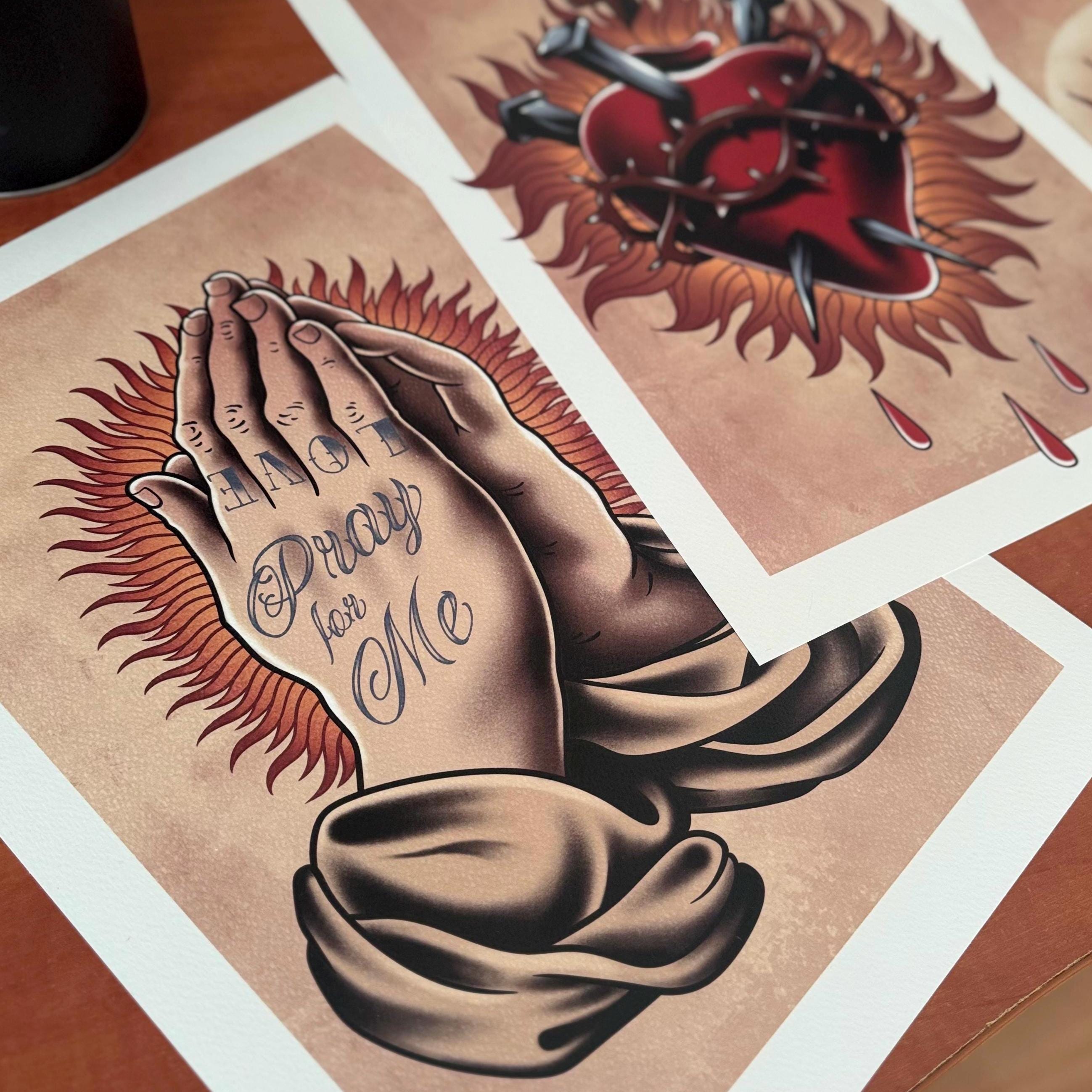 Traditional Tattoo Art Print Set: Jesus, Sacred Heart, Praying