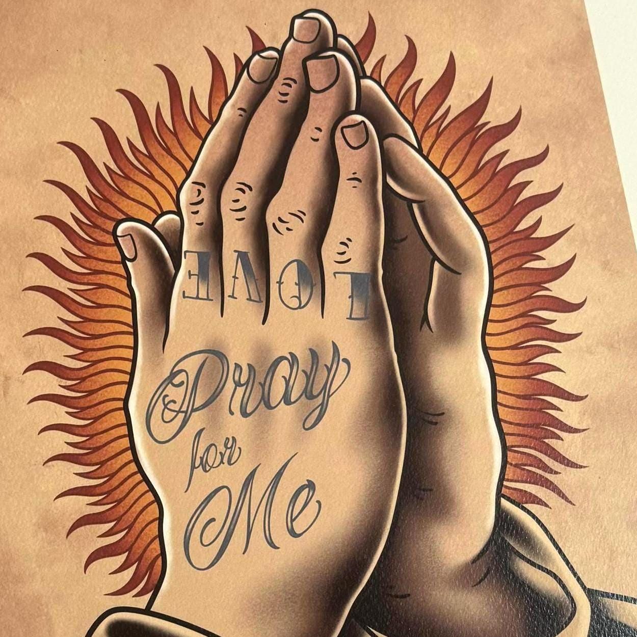 Praying Hands Tattoo Flash Art Print – Religious Old School
