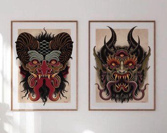 Dark Demon Traditional Tattoo Art Prints - Gothic Home Decor - Old School Style Set of 2 - Wall Decor