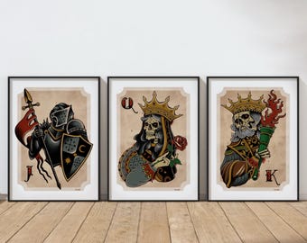 Love Triangle Skeleton King Queen Jack Prints – Gothic Medieval Playing Card Art Set – Old School Tattoo Style Wall Decor –Tattoo Poster Set