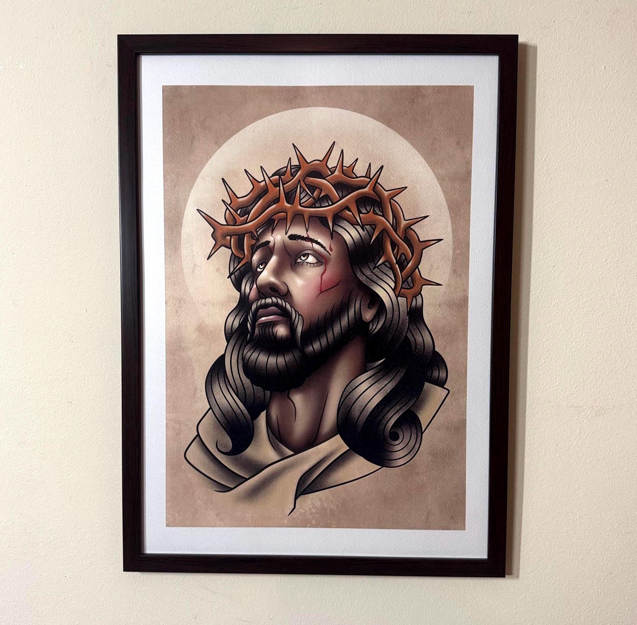 Jesus Christ Tattoo Art Print – Crown of Thorns Religious Poster – Neo  Traditional Tattoo Flash of Christ Portrait Sacred Art Wall Decor - Etsy  Israel, image size:2135x2096