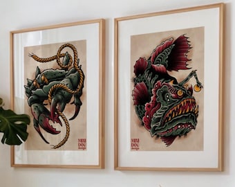 Deep Sea Monster Tattoo Flash Print Set, Anglerfish and Giant Crab Art, Traditional Tattoo Poster, Nautical Wall Decor