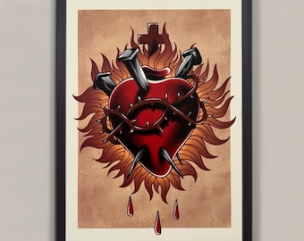Burning Heart Art Print: Traditional Tattoo Illustration