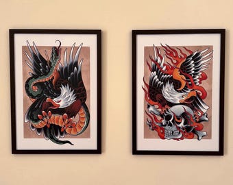 Set of Eagles, Skull & Snake Old School Tattoo Prints – Traditional Vintage Wall Art, Eagle Poster Set, Patriotic American Home Decor