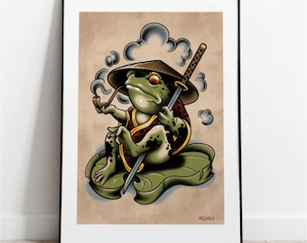 Lámina artística de tatuaje de rana samurái: guerrero zen japonés – tatuaje tradicional de rana fumando – diseño de rana con túnica