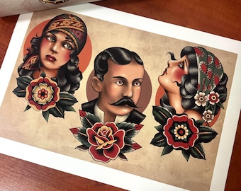 Conjunto de impresiones de retratos de tatuajes tradicionales