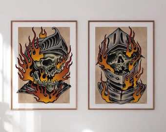Traditional Tattoo Skull Print Set, Gothic Skull Wall Art, Burning Skull Poster, Dead Knight Skull Art, Tattoo Flash Print, Art Decor
