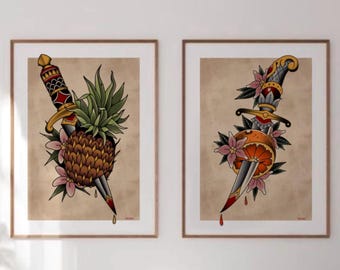 Traditional Tattoo Dagger Art Print Set • Fruit Dagger Wall Art • Old School Knife Tattoo Poster • Pineapple & Orange Flash •  Tattoo Decor