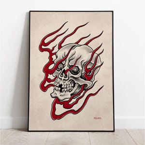 Lámina artística de tatuaje de calavera llameante: decoración de terror vintage, arte mural gótico, dibujo de calaveras de la vieja escuela, póster de arte oscuro, estilo flash de tatuaje