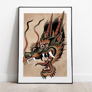 Traditional Dragon Tattoo Art Print — Japanese Style Dragon Head — Vintage Tattoo Flash Poster — Mythical Creature Wall Decor — Bold Tattoo