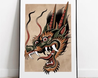 Lámina artística de tatuaje de dragón japonés – Póster de estilo vintage – Póster de estilo de tinta japonesa de la vieja escuela – Bestia con cabeza de dragón neotradicional