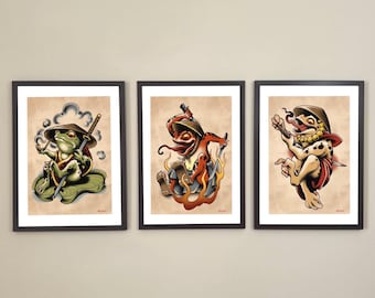 Samurai Frog, Traditional Tattoo Print Set, Toad Warrior Wall Art, Ninja frogs, Decor for Tattoo Shop, Tattoo Poster Set.