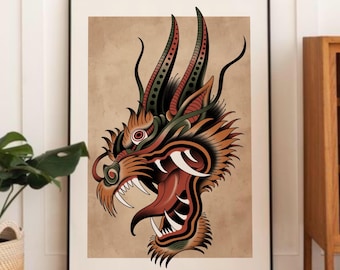 Japanese Dragon Head Art Print – Vintage Tattoo Flash Poster