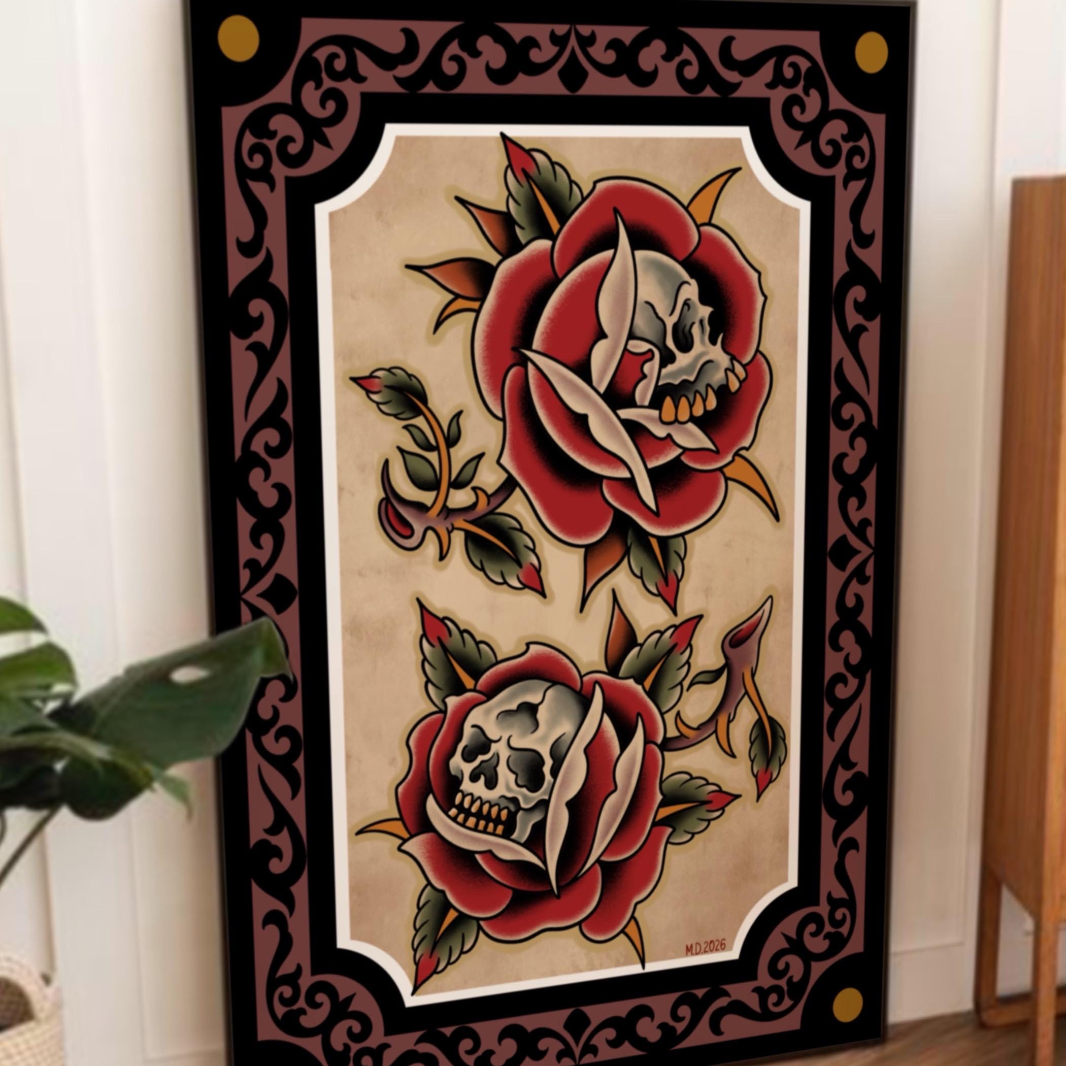Skull and Rose Tattoo Print – Traditional Old School Flash Art, Vintage ...