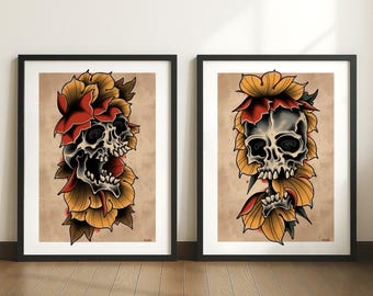 Skull Art Print Set of 2 — Traditional Tattoo Style | Neo Traditional Skull Wall Art | Vintage Flower Skull Poster | Old School Tattoo Decor