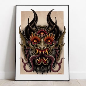 May include: Framed illustration of a demonic face with three eyes, horns, and a long tongue. The artwork features a color palette of brown, red, yellow, and black. The image is in a black frame.